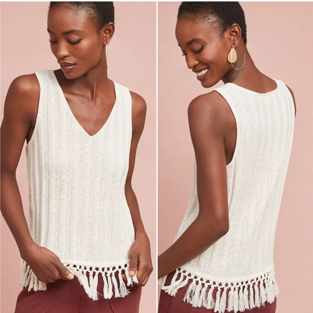 Eri + Ali Ribbed knit top with bottom frin…